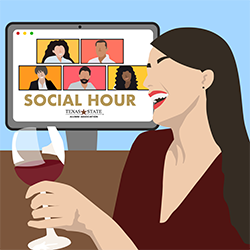 graphic of woman holding wine glass by computer